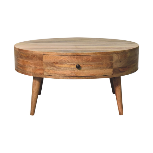 32” Round Mango Wood Coffee Table – Oak Finish