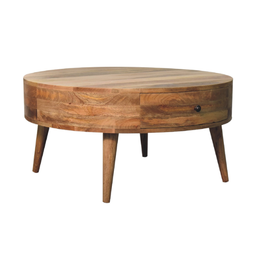 32” Round Mango Wood Coffee Table – Oak Finish