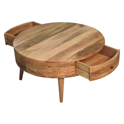 32” Round Mango Wood Coffee Table – Oak Finish