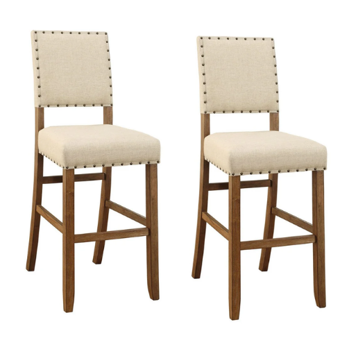 Rustic Nailhead Bar Stool Ivory Linen – Set of 2