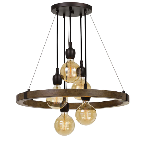 26” Wood Circular 5 Light Chandelier