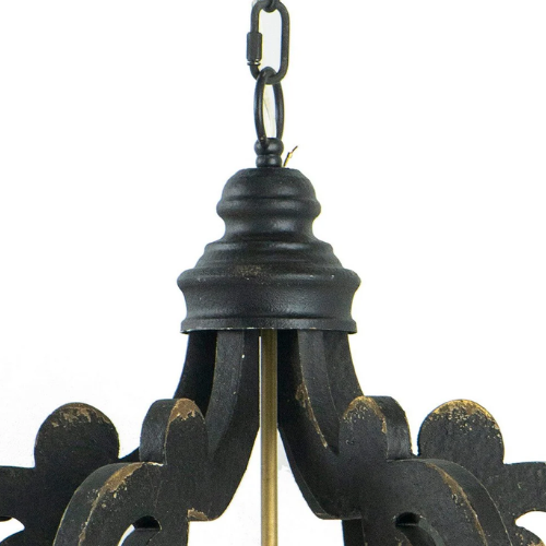 6 Light Carved Wood Vintage Chandelier - Black