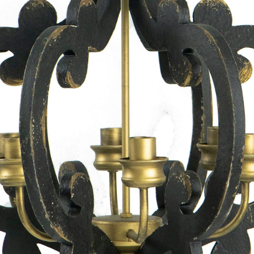 6 Light Carved Wood Vintage Chandelier - Black