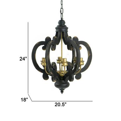 6 Light Carved Wood Vintage Chandelier - Black