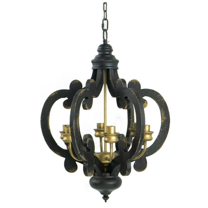 6 Light Carved Wood Vintage Chandelier - Black