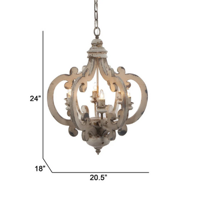 6 Light Carved Wood Vintage Chandelier - White