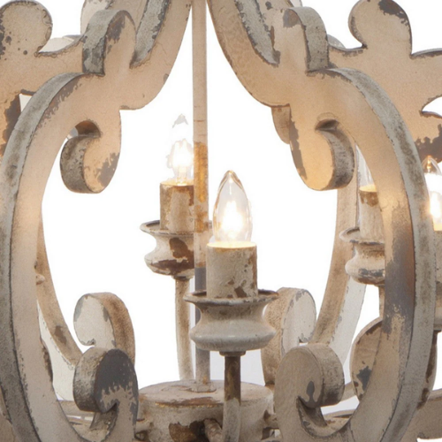 6 Light Carved Wood Vintage Chandelier - White