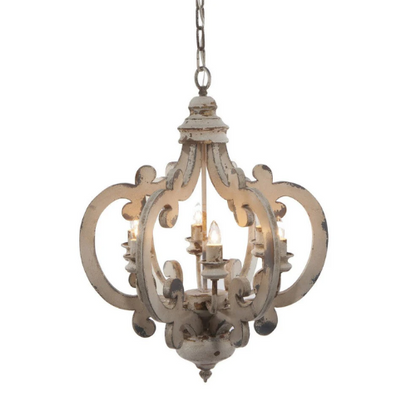 6 Light Carved Wood Vintage Chandelier - White