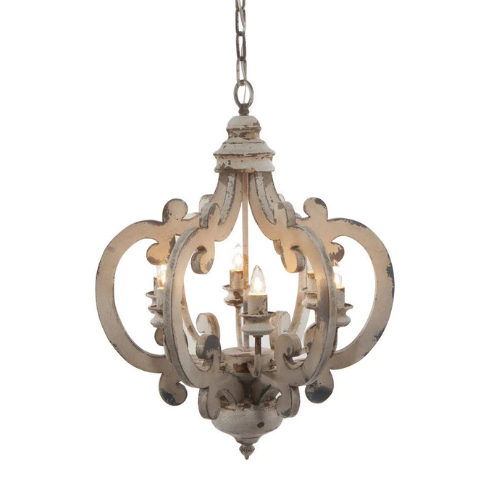 6 Light Carved Wood Vintage Chandelier - White