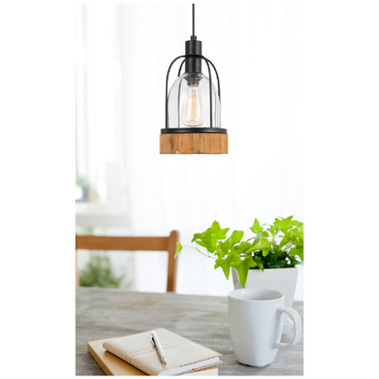 7" Wide Glass Pendant Light w/Wood Trim