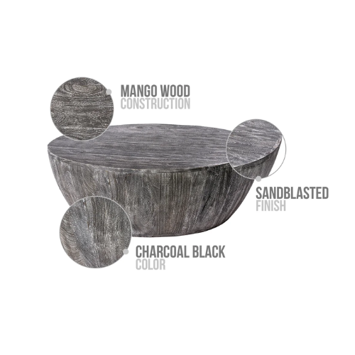 36” Farmhouse Mango Wood Drum Coffee Table – Sandblasted Black